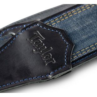 BLUE DENIM STRAP NAVY LEATHER EDGES 2.5 EMBOSSED LOGO