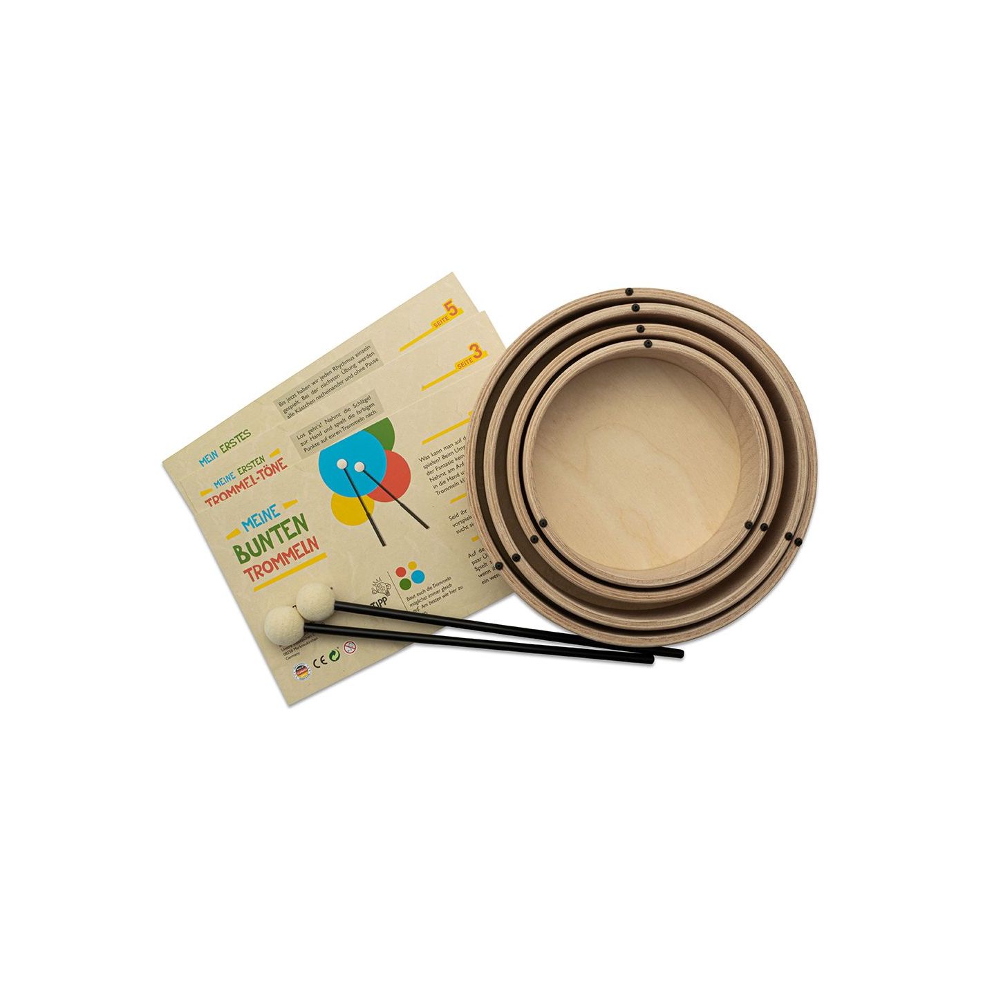 WOODEN TOM SET COLOR 4 DRUMS: YELLOW - RED -...